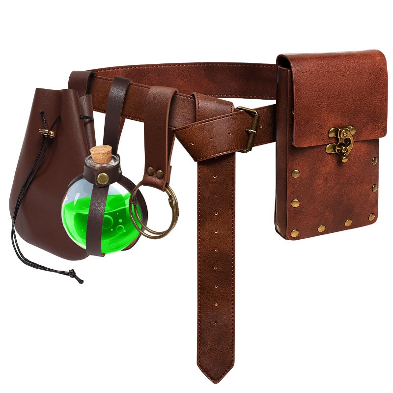 SUMGOGO 5 PCS Belt Pouch Waist Bag Retro Medieval Viking Leather Belt Magic Potion Bottle Renaissance Halloween Cosplay Costume Sets (Brown) - Image 1